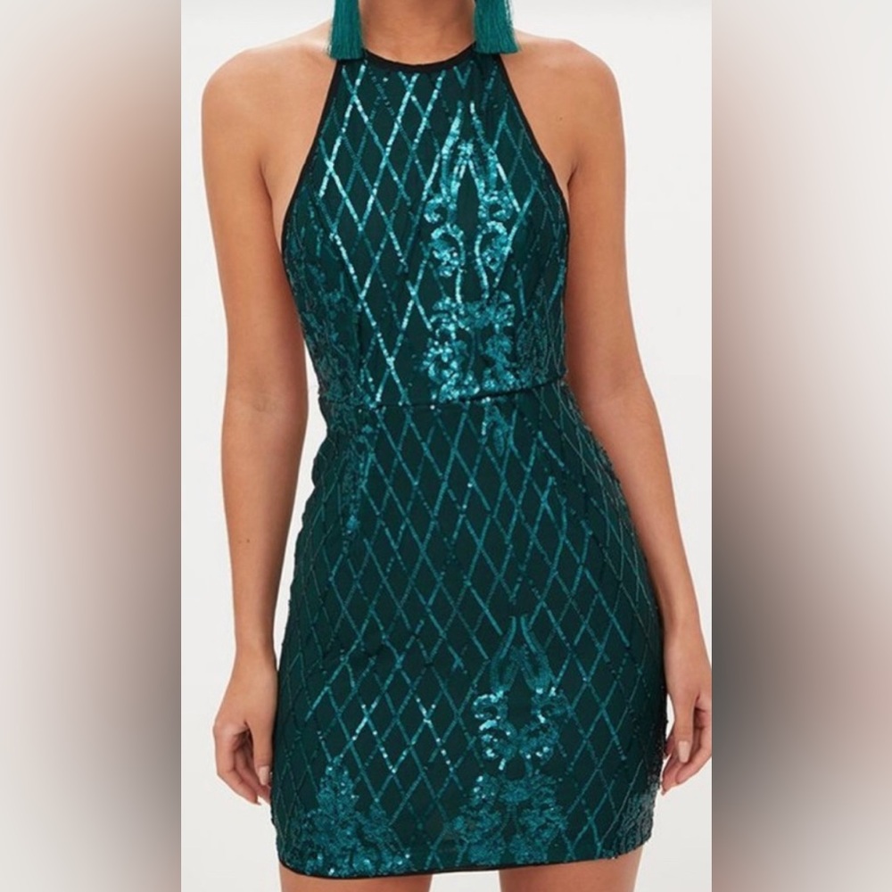 A short dress with a doubt that hangs on the neck